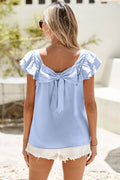 Textured Bow Knot Frilled Butterfly Sleeve Blouse - Pink or Blue