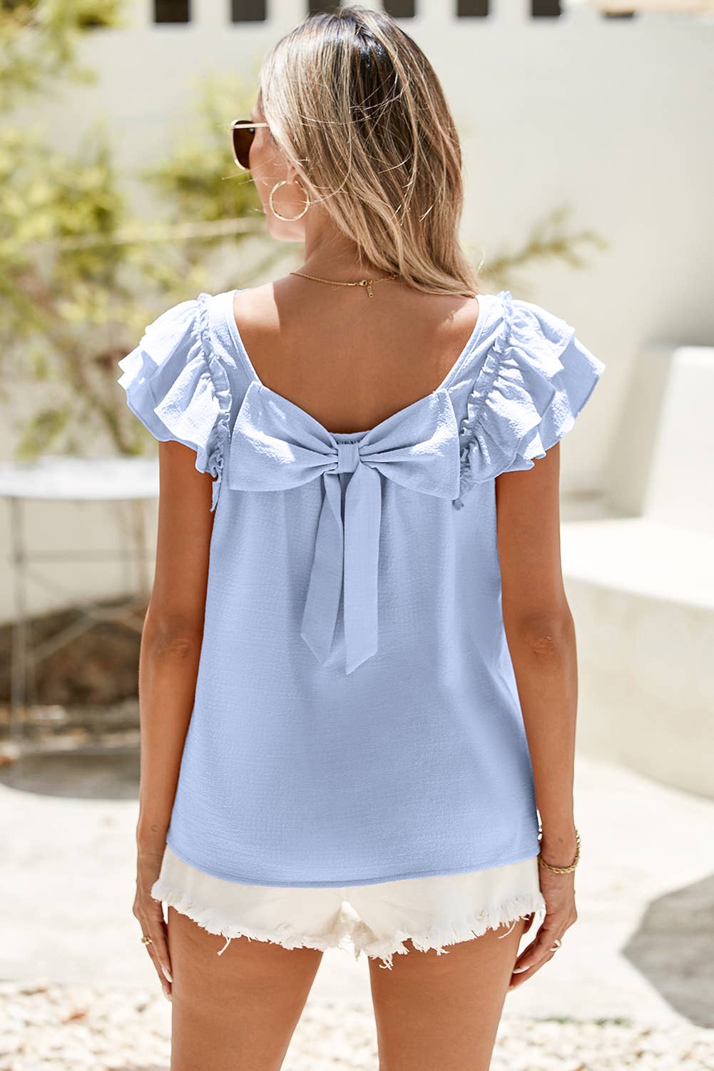Textured Bow Knot Frilled Butterfly Sleeve Blouse - Pink or Blue