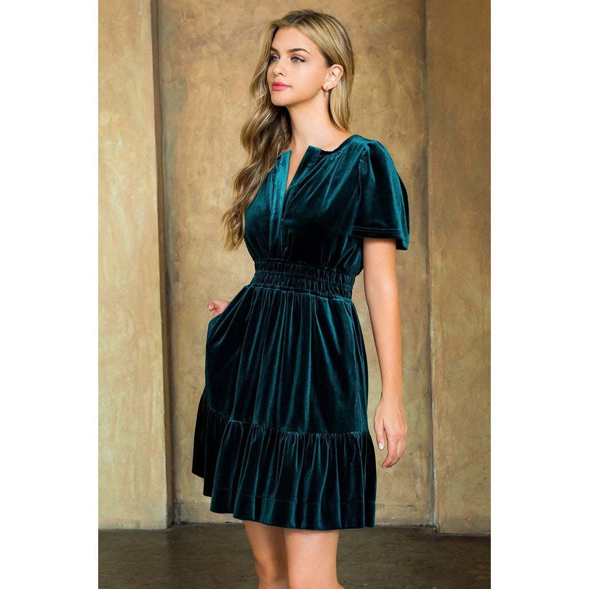 Smocked Waist Velvet Dress