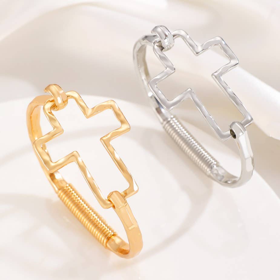 Hammered Open Cross Bangle - Silver