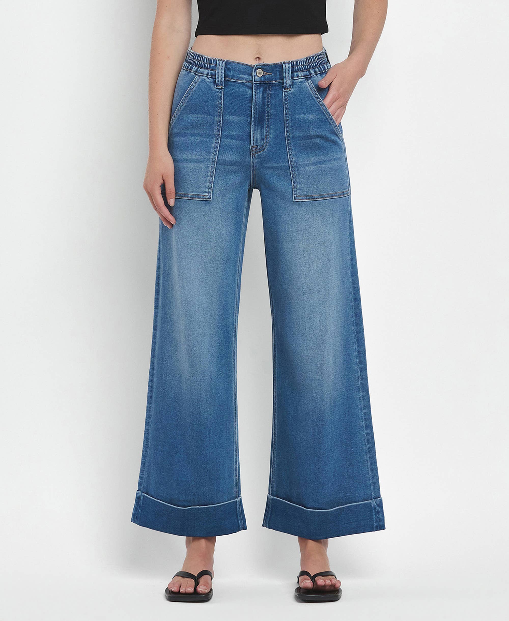 VERVET High Rise Double Cuffed Baggy Wide Cropped Jeans