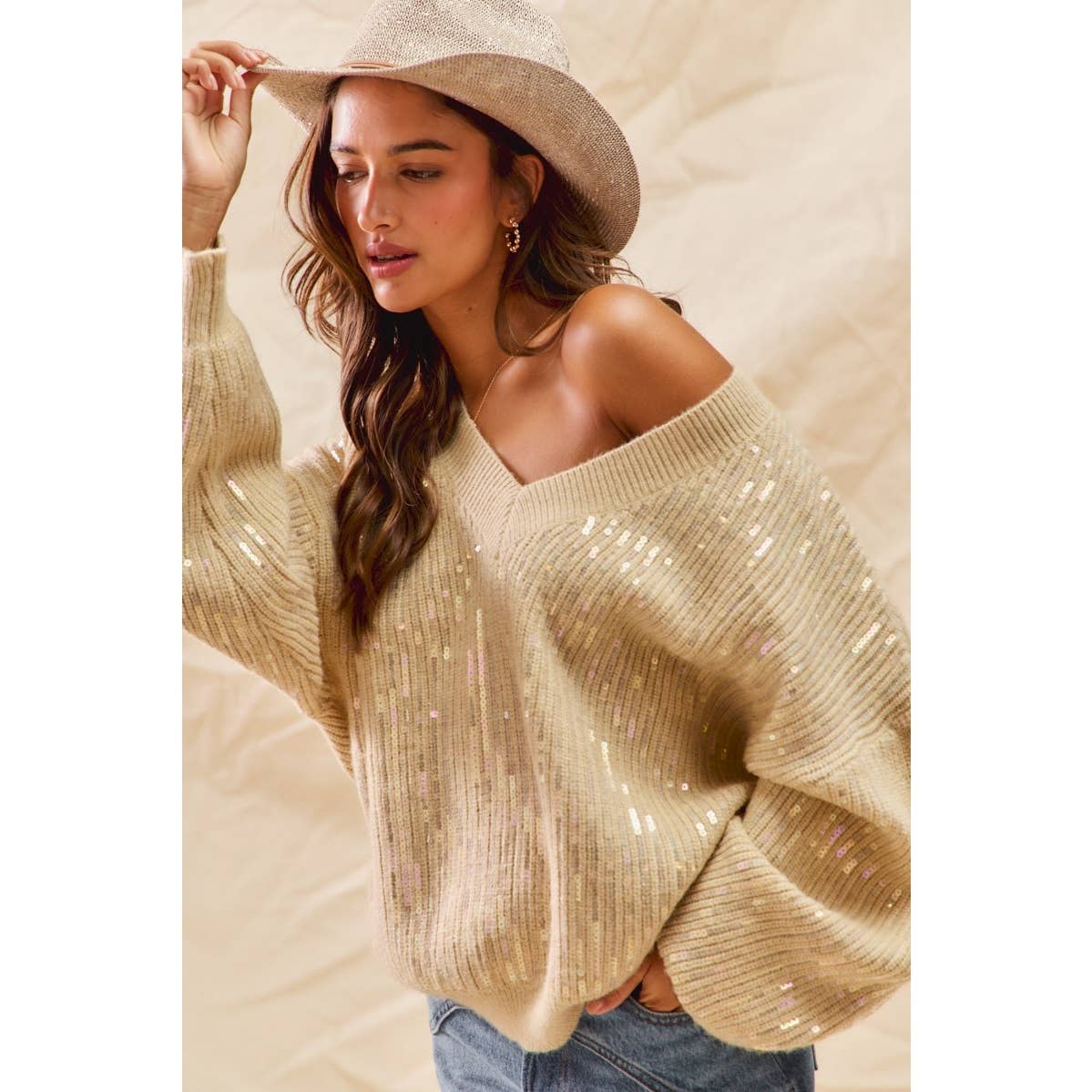 Holiday Sequins Christmas V Neck Sweater