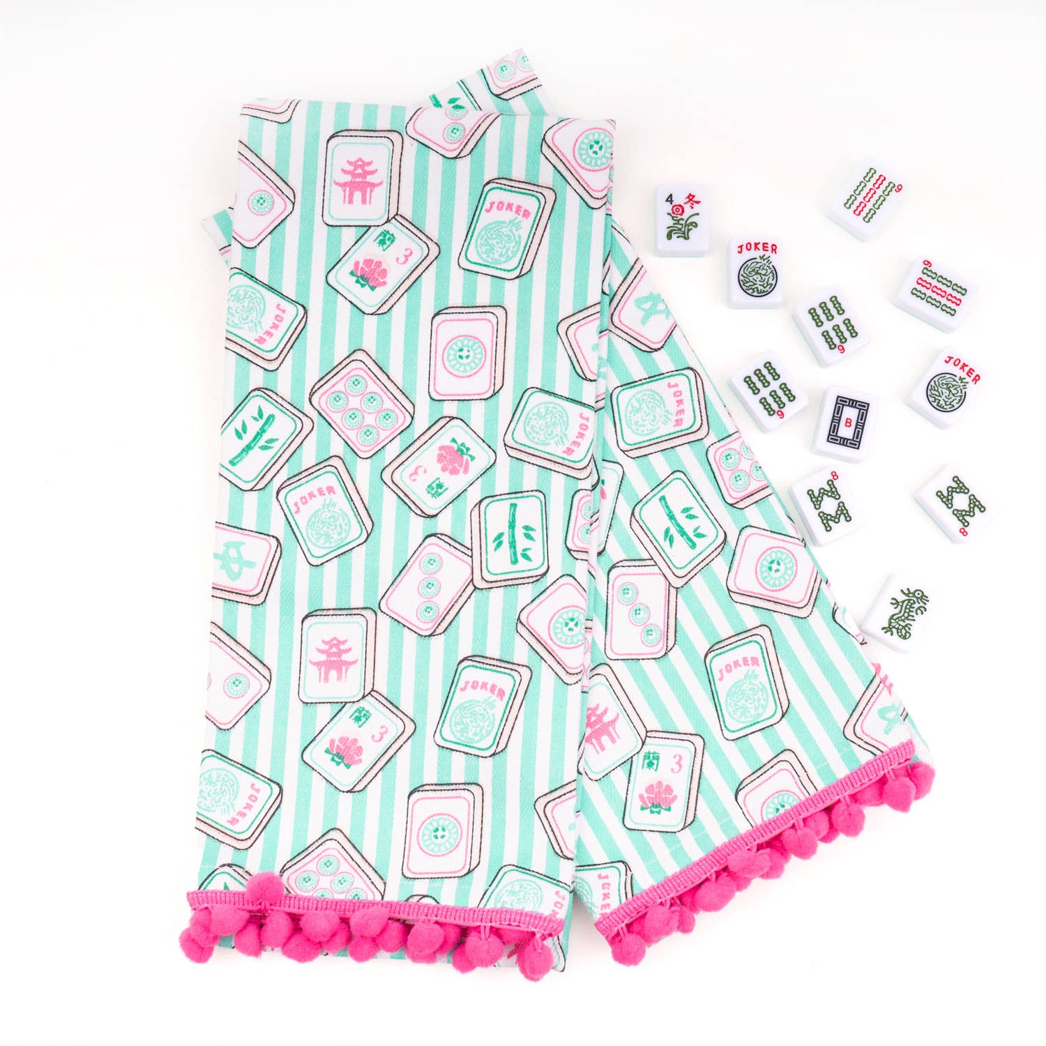 Mahjong Stripe Pom-Pom Cotton Kitchen Towel Set