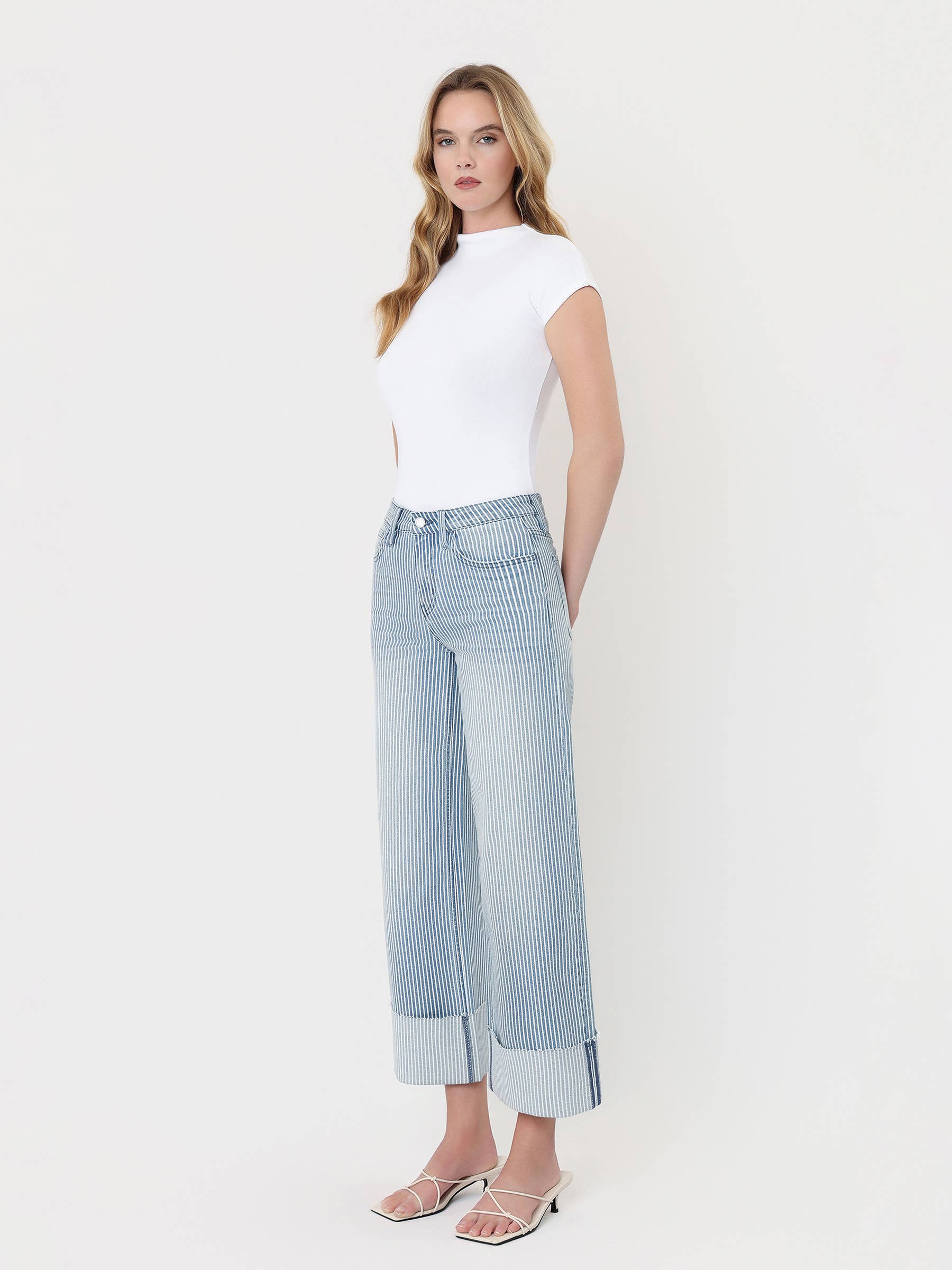 High Rise Cuffed Striped Crop Wide Jeans