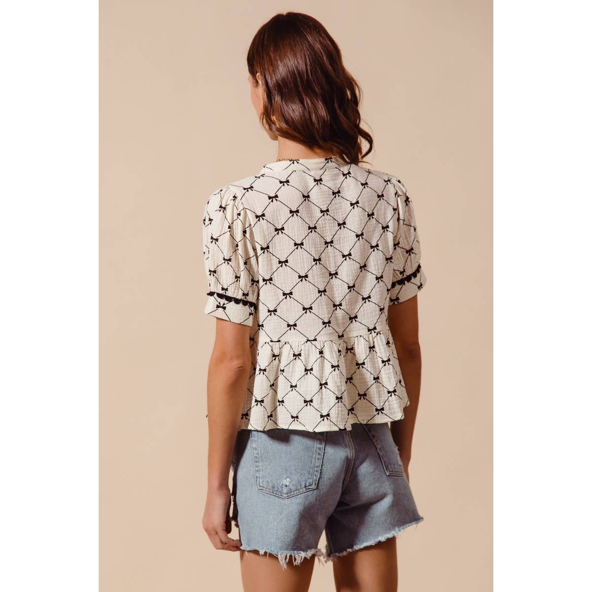 Bow Ribbon Printed Gauze Peplum Top