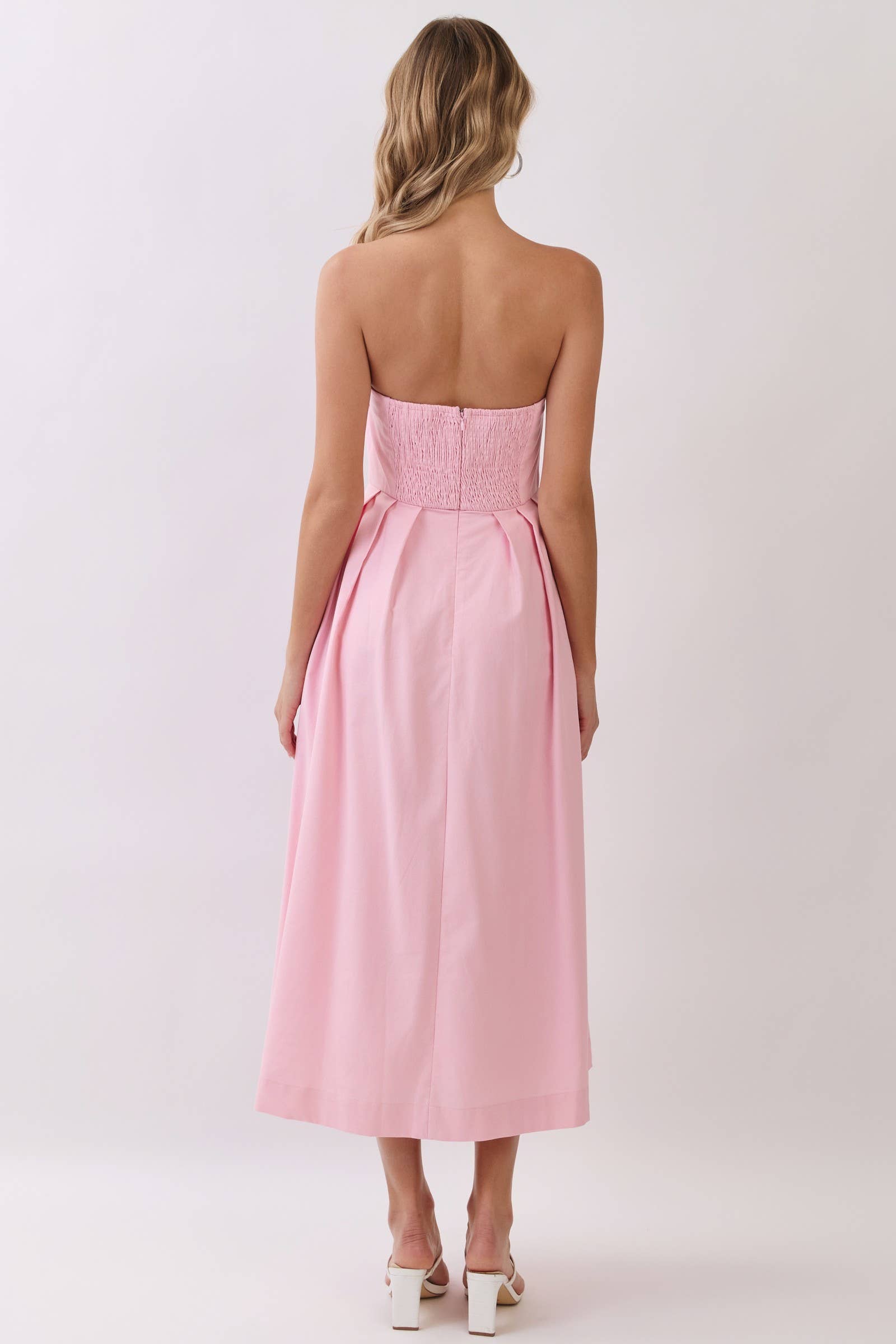 Pink Floral Applique Detail Strapless Midi Dress