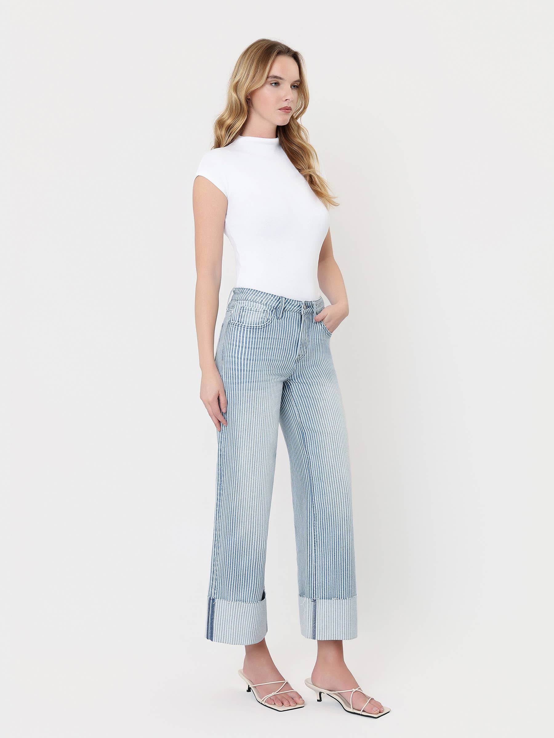 High Rise Cuffed Striped Crop Wide Jeans