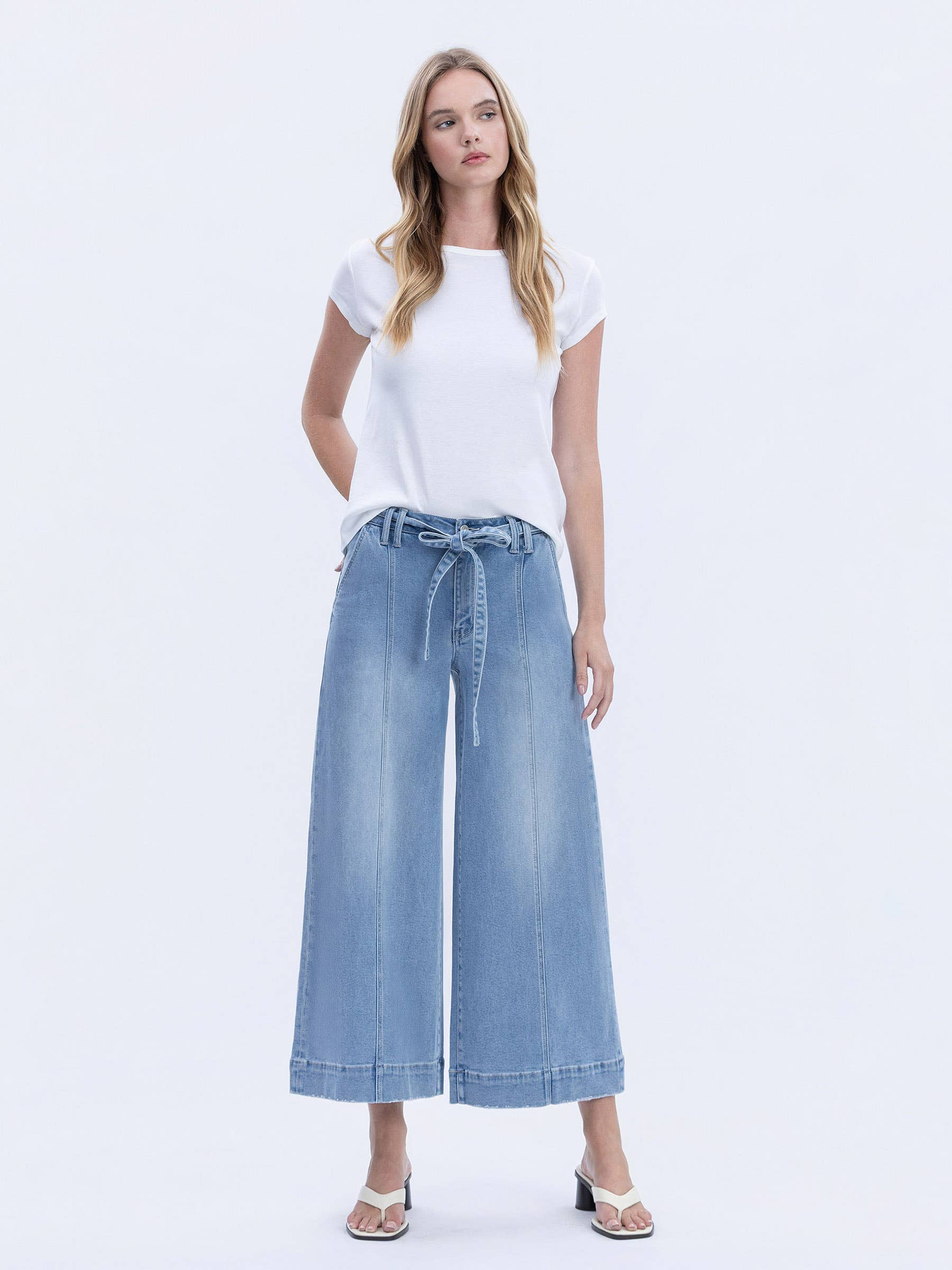 VERVET - High Rise Tie Waist Crop Palazzo Jeans