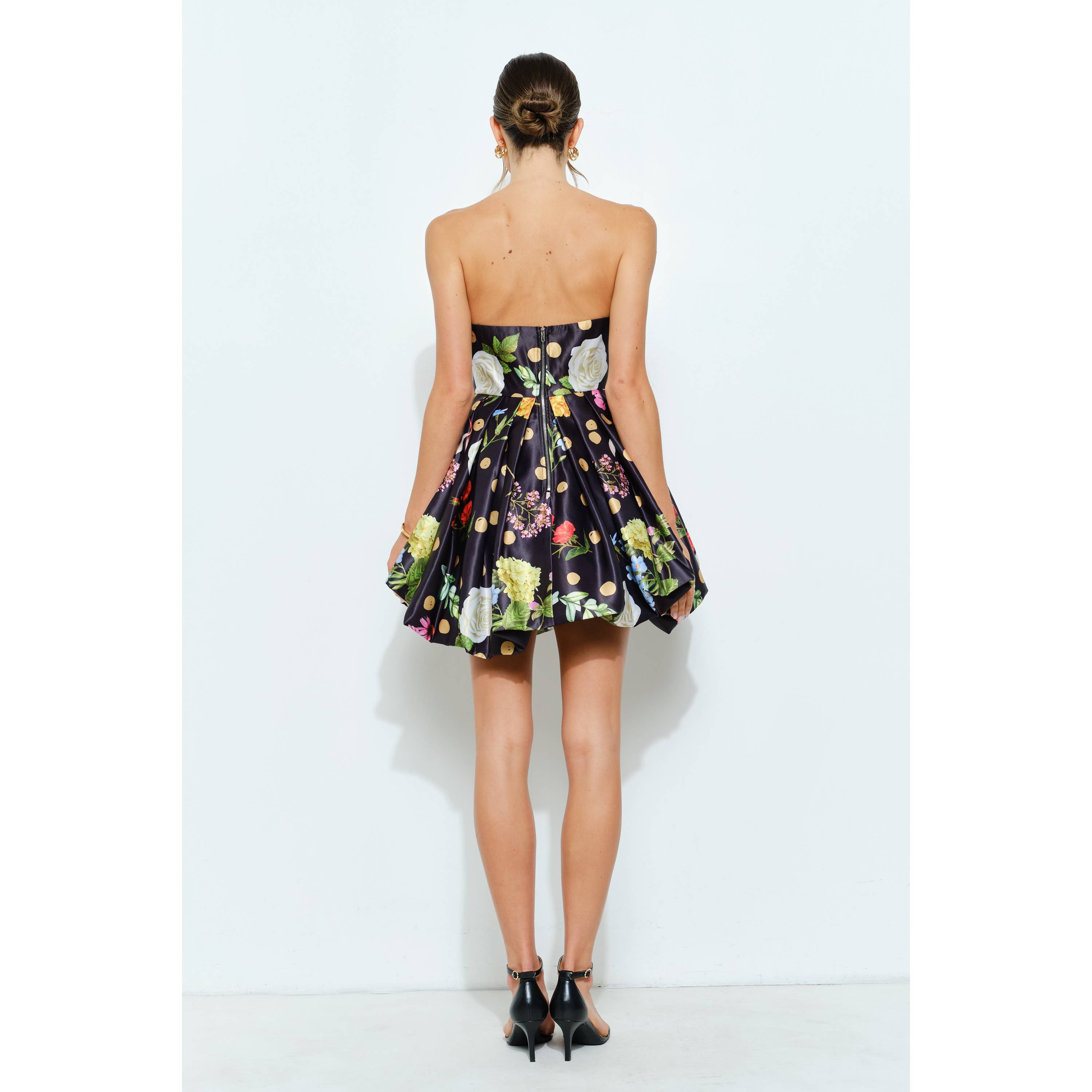 Bubble Hem Floral Dot Print Strapless Mini Dress