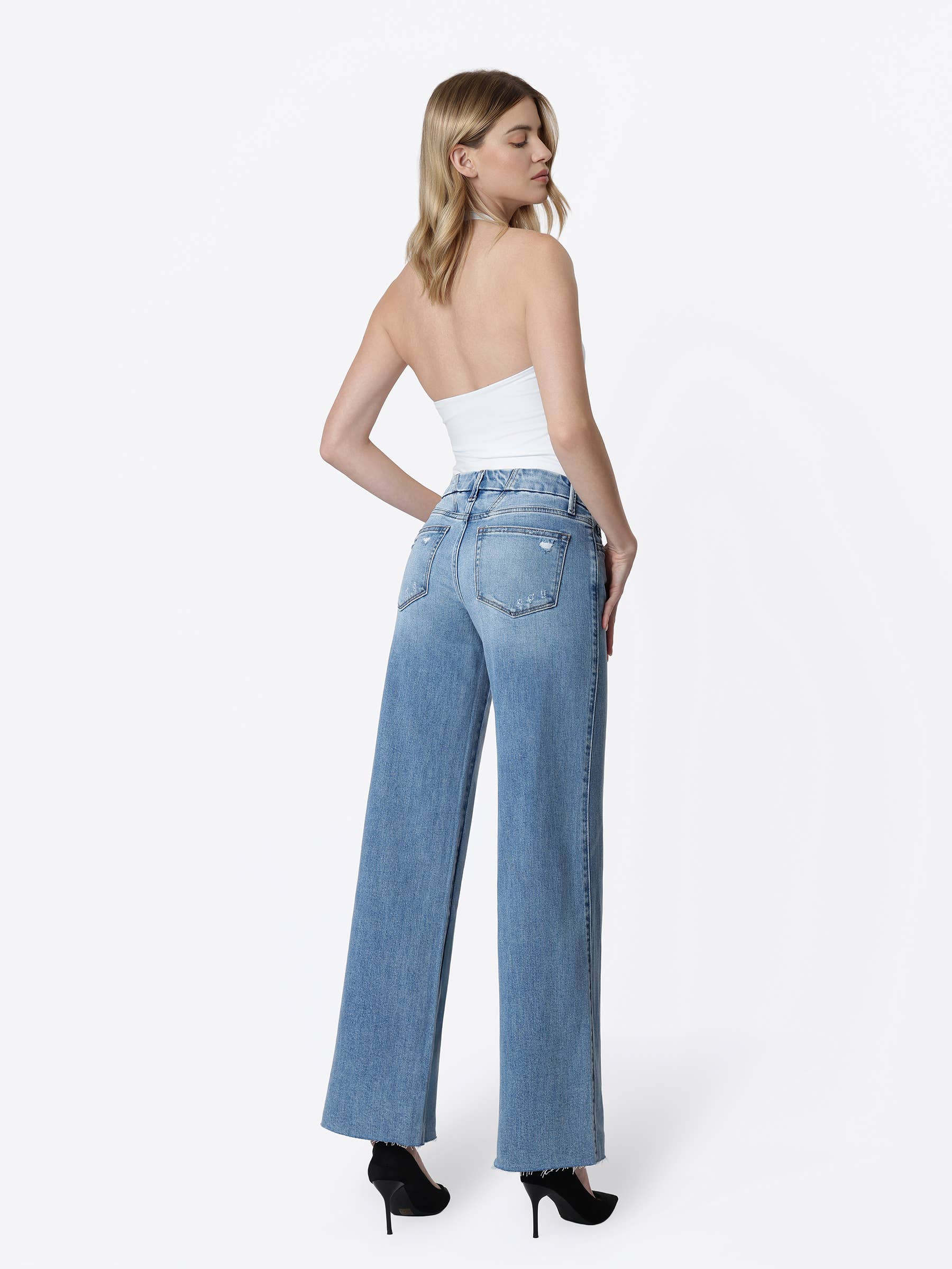 Mid Rise Clean Cut Raw Hem Wide Jeans