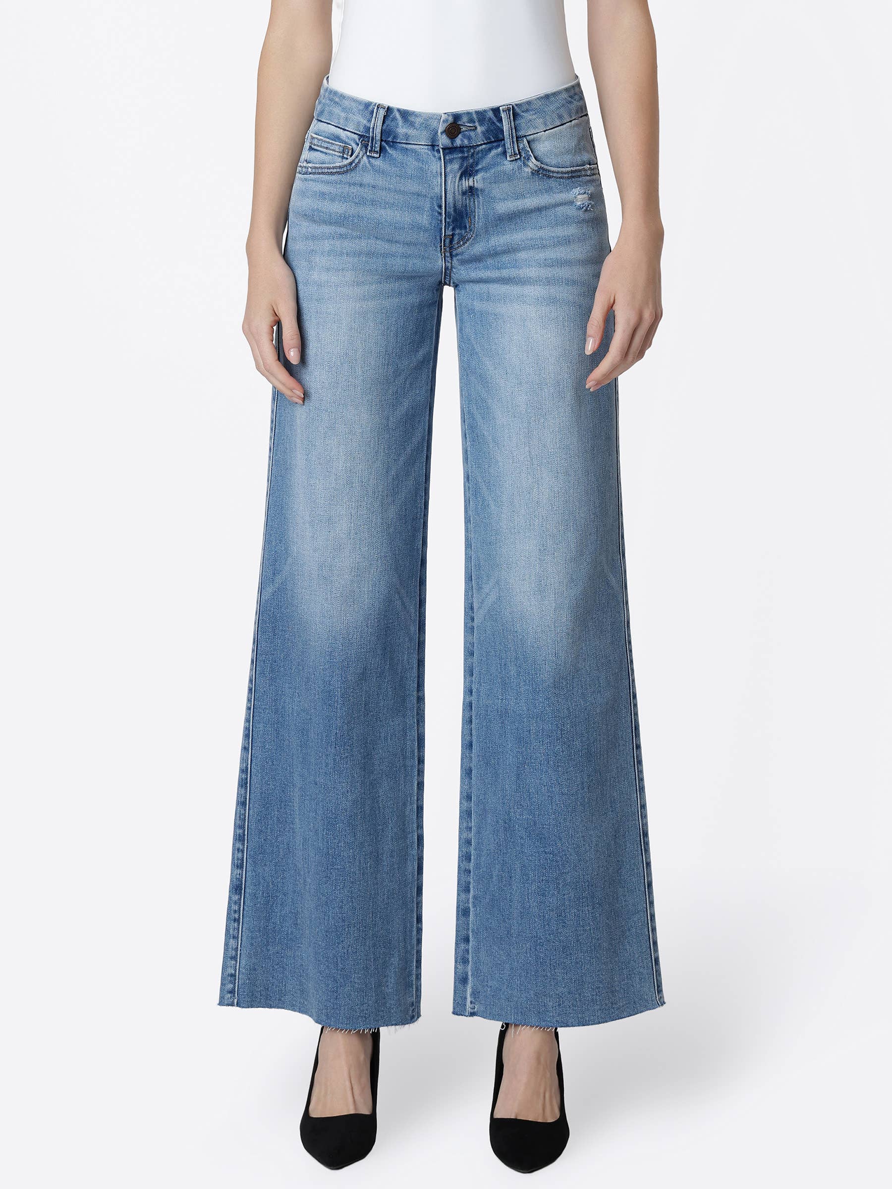 Mid Rise Clean Cut Raw Hem Wide Jeans