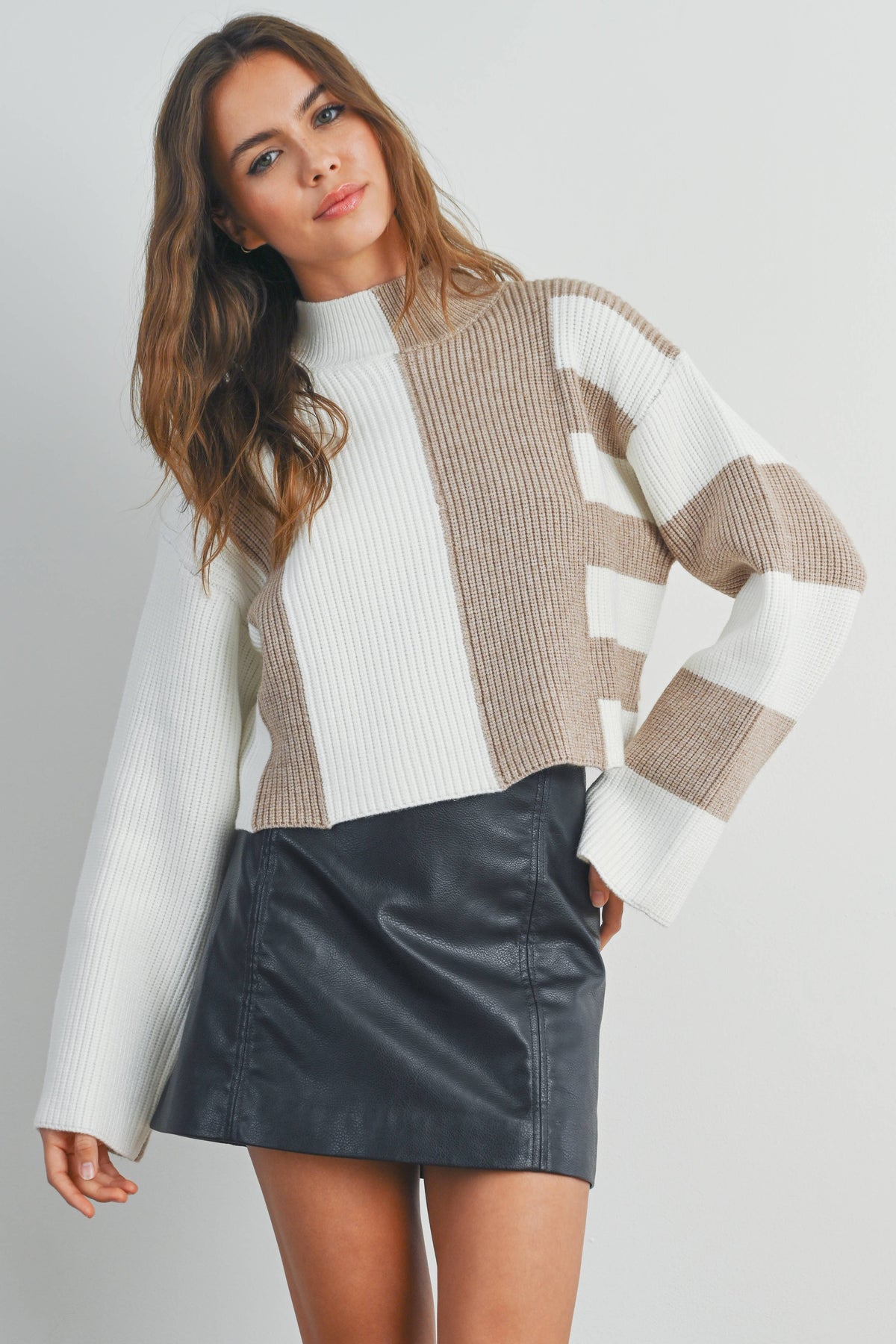 Color Block Mock Turtleneck Sweater