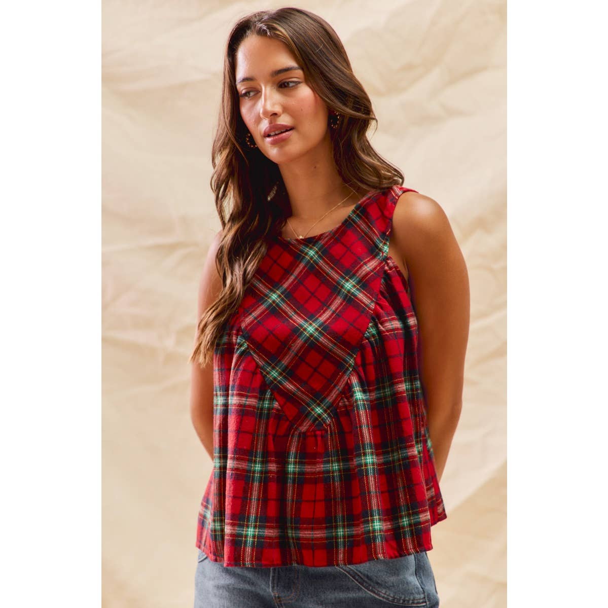 Christmas Checkered Plaid Sleeveless Holiday Top