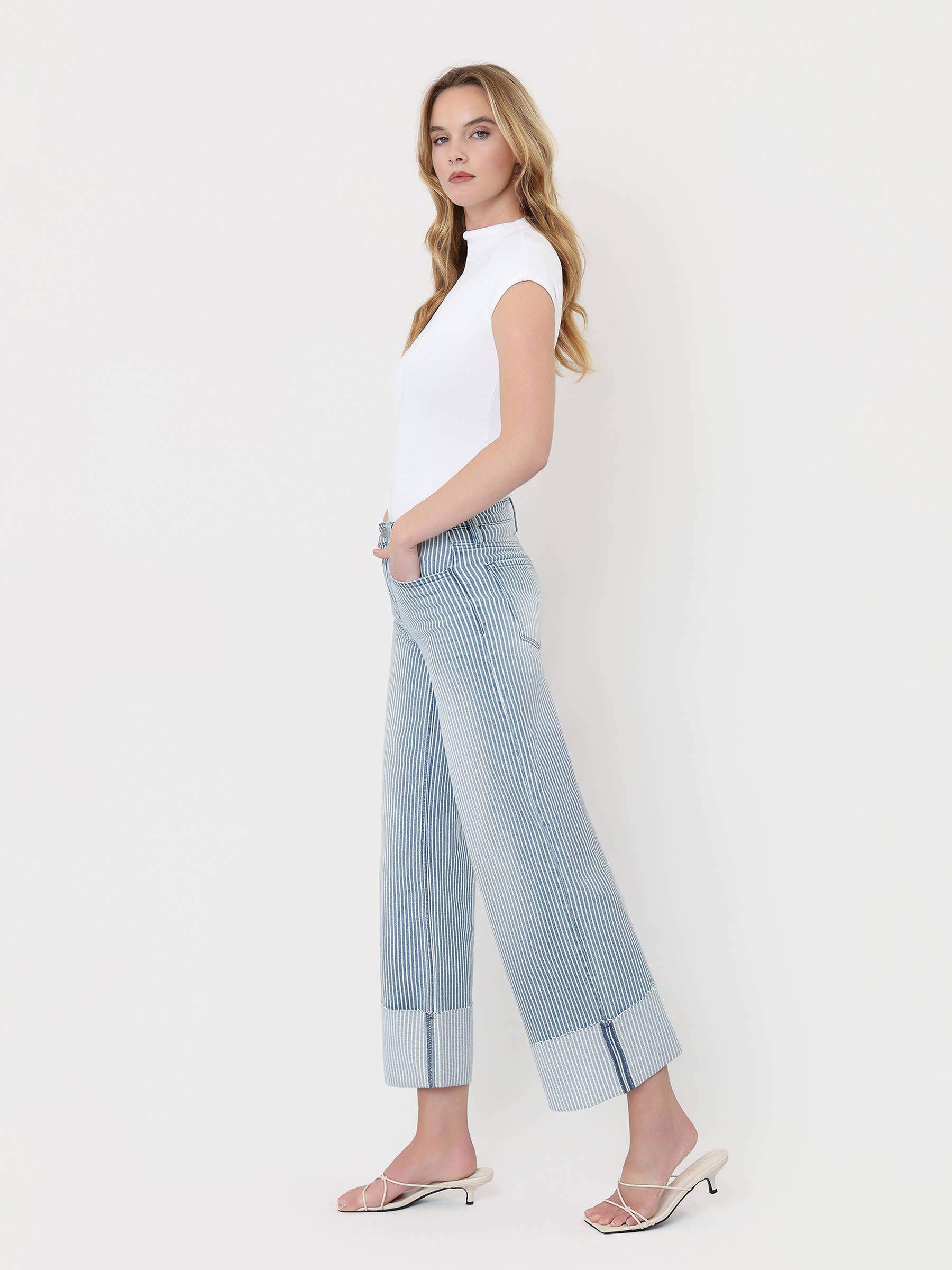 High Rise Cuffed Striped Crop Wide Jeans