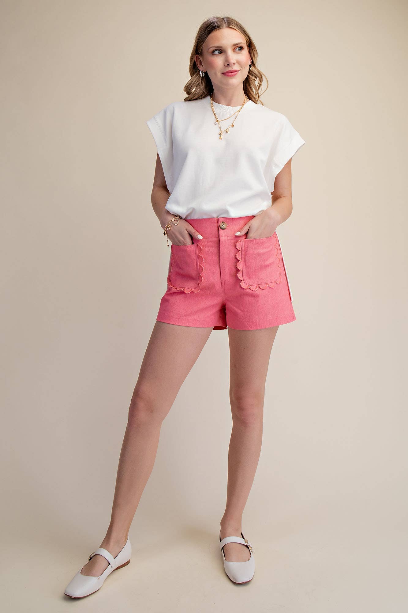 Colette Shorts Scallop Detail Pocket - Blue White, Red, Yellow or Pink