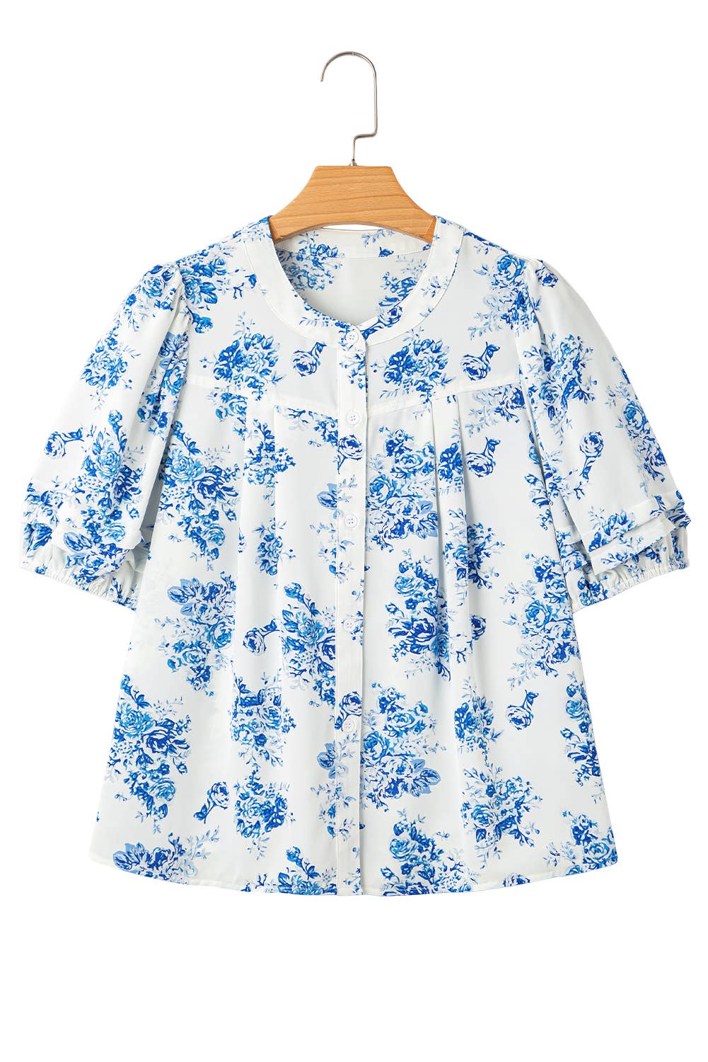 Floral Pleated Puff Sleeve Button Up Shirt | S-XL