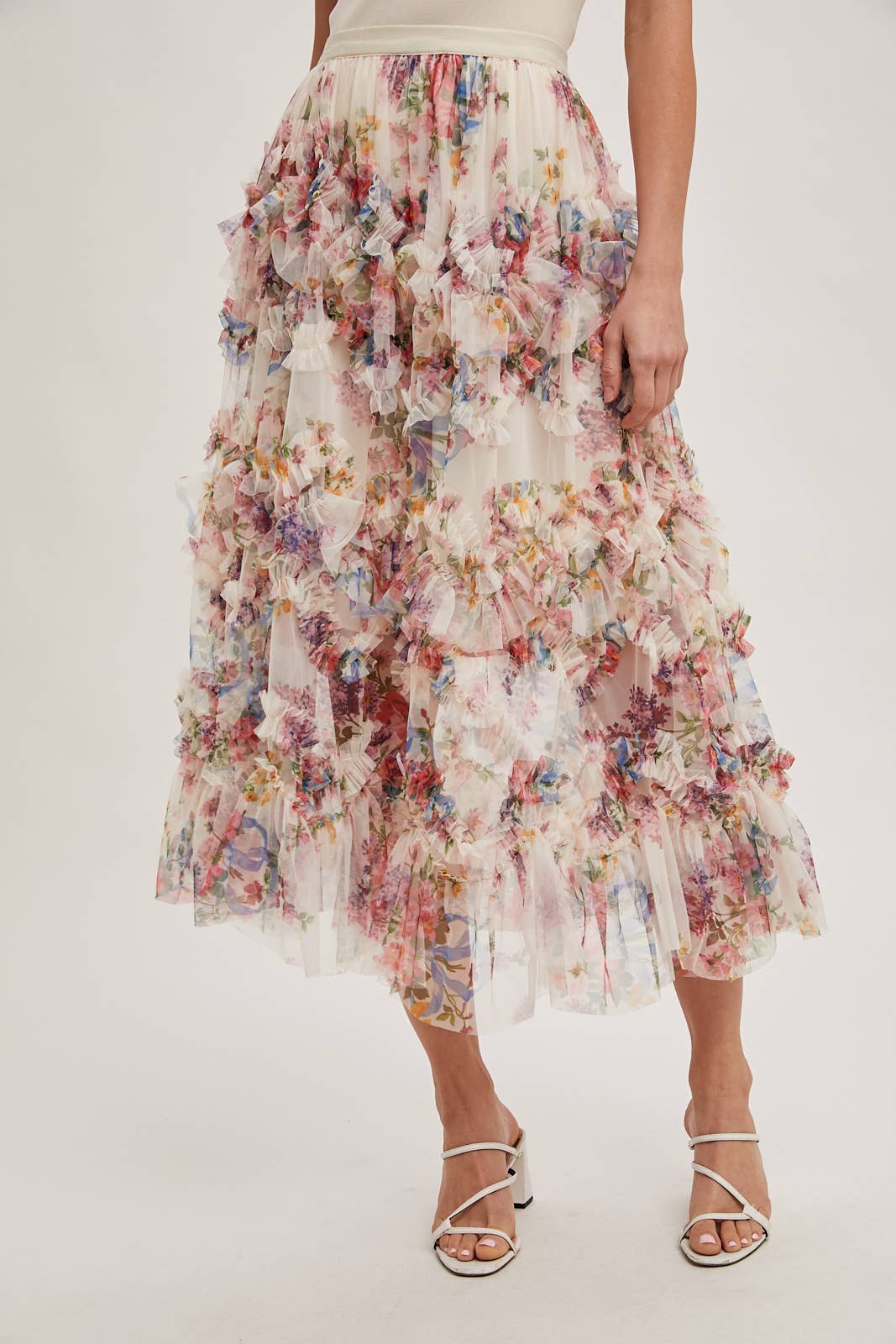 Floral Ruffled Mesh Midi Skirt with Lining