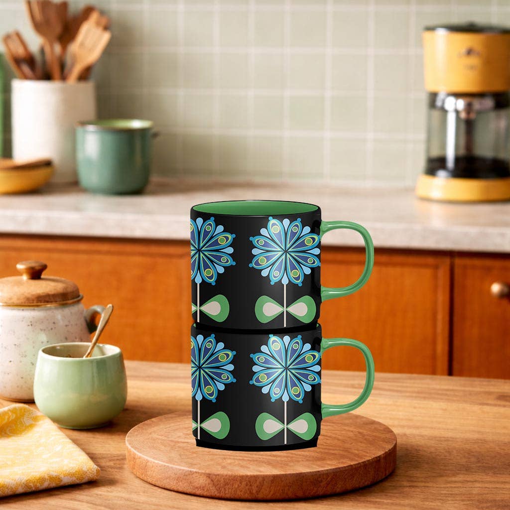 Casbah Blue Flower Mid Century Stackable Matte Coffee Mug