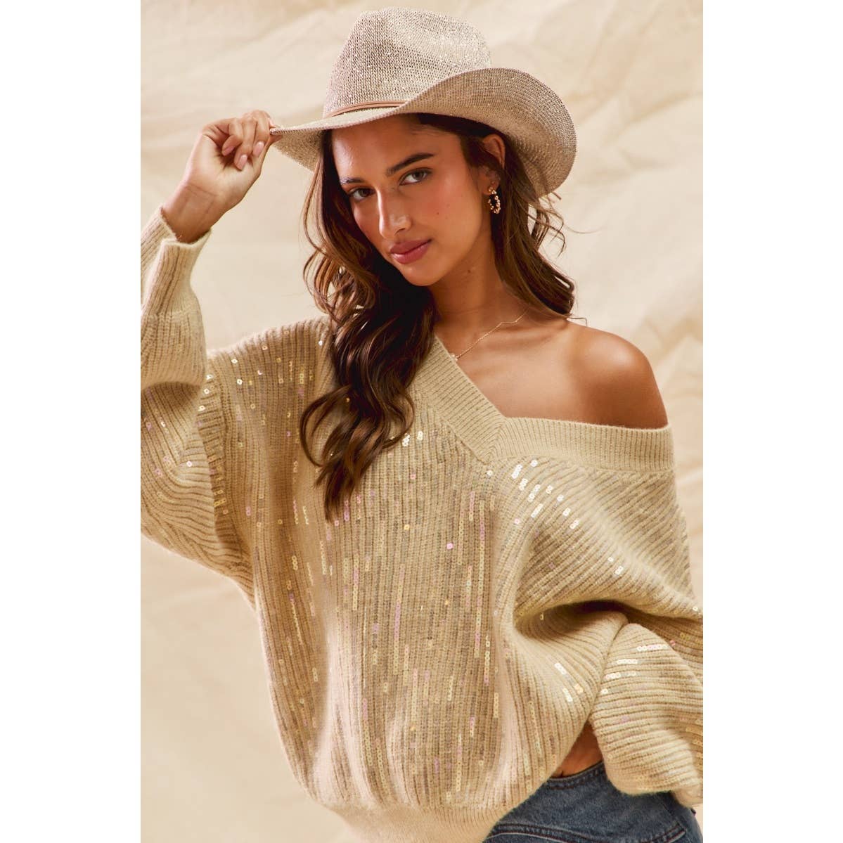 Holiday Sequins Christmas V Neck Sweater