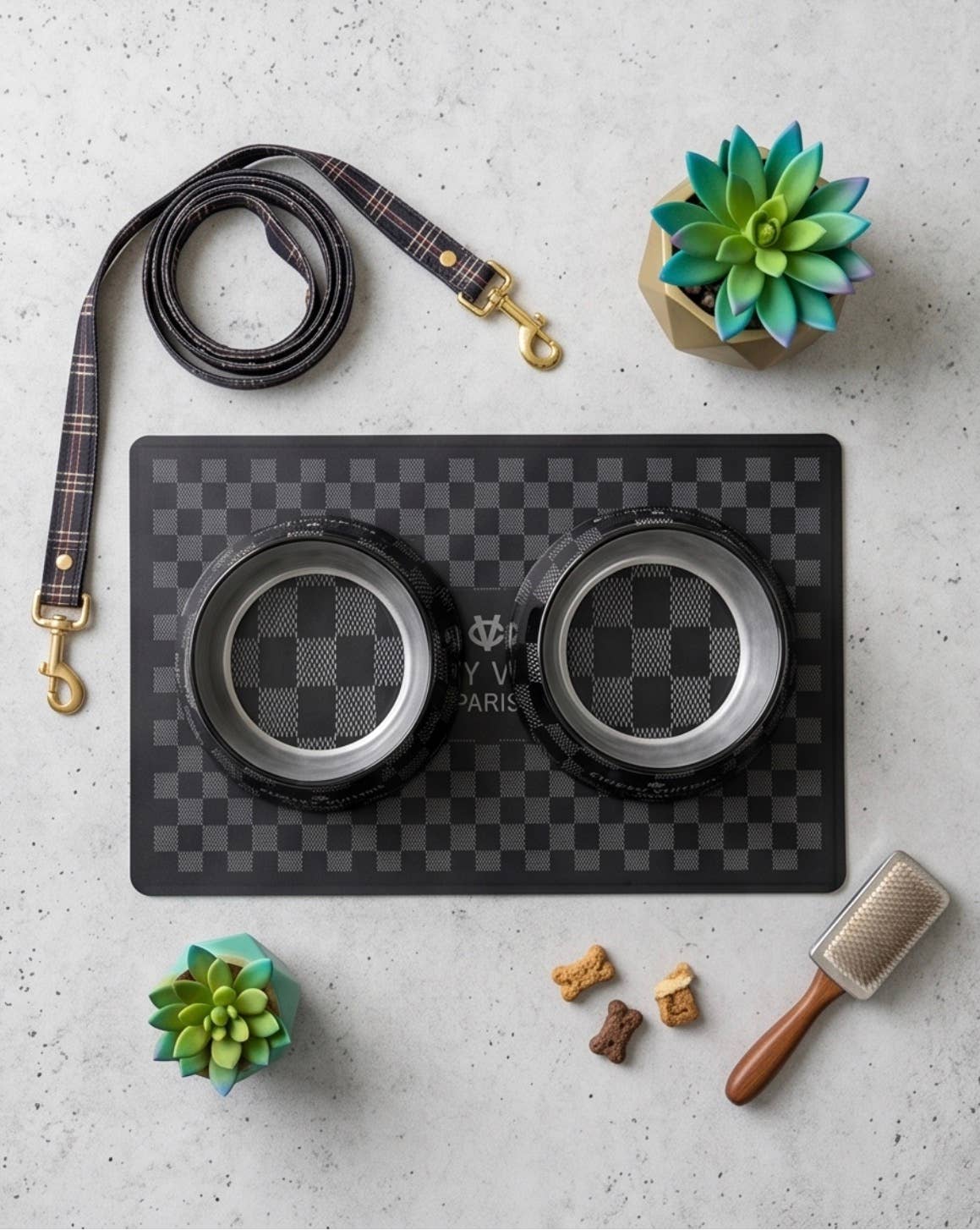 Black Checker Chewy Vuiton Dog or Cat Bowl