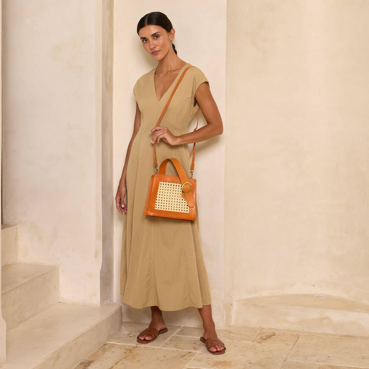 Brown Cane Handbag with Buckle