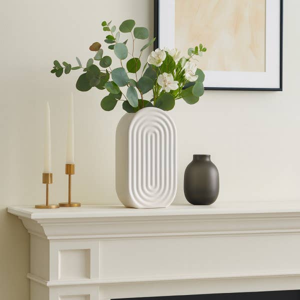 Ceramic Oval Ridged Decorative Vase - White, 11 in.