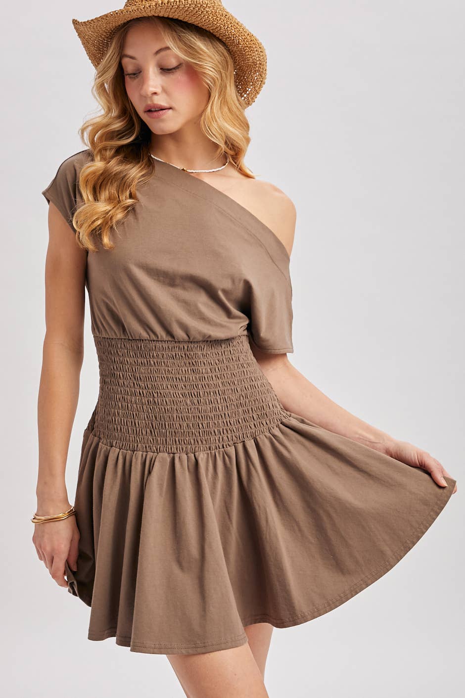 One Shoulder Smocked Waist Body Dress