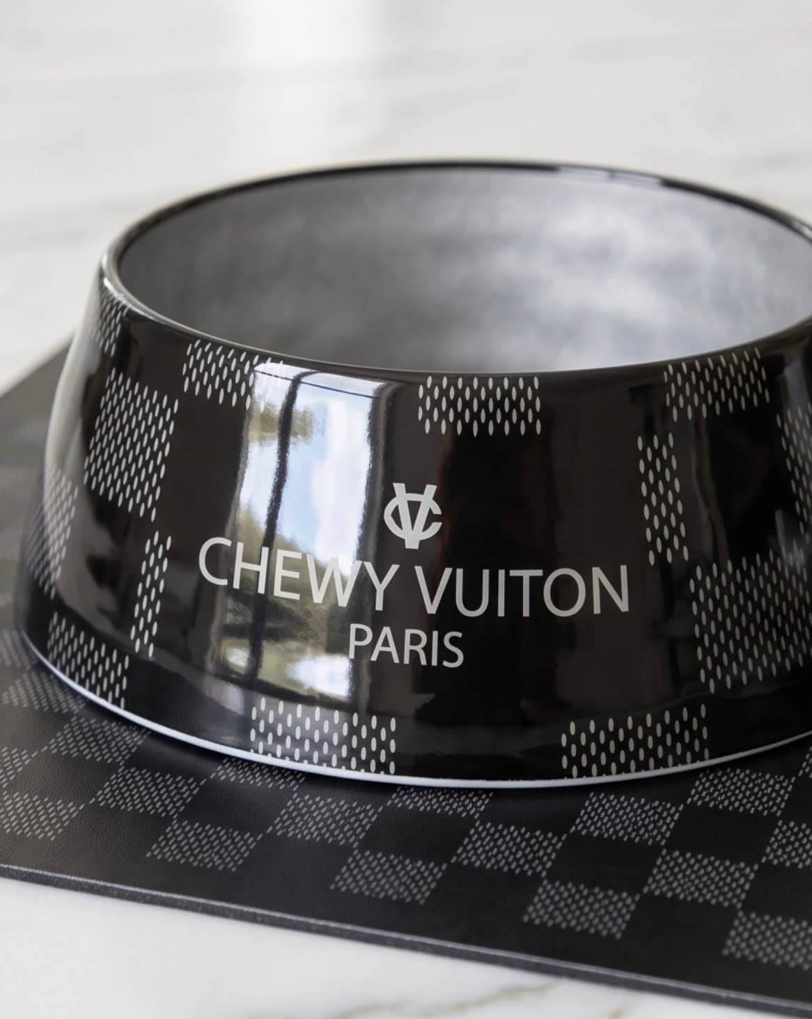 Black Checker Chewy Vuiton Dog or Cat Bowl