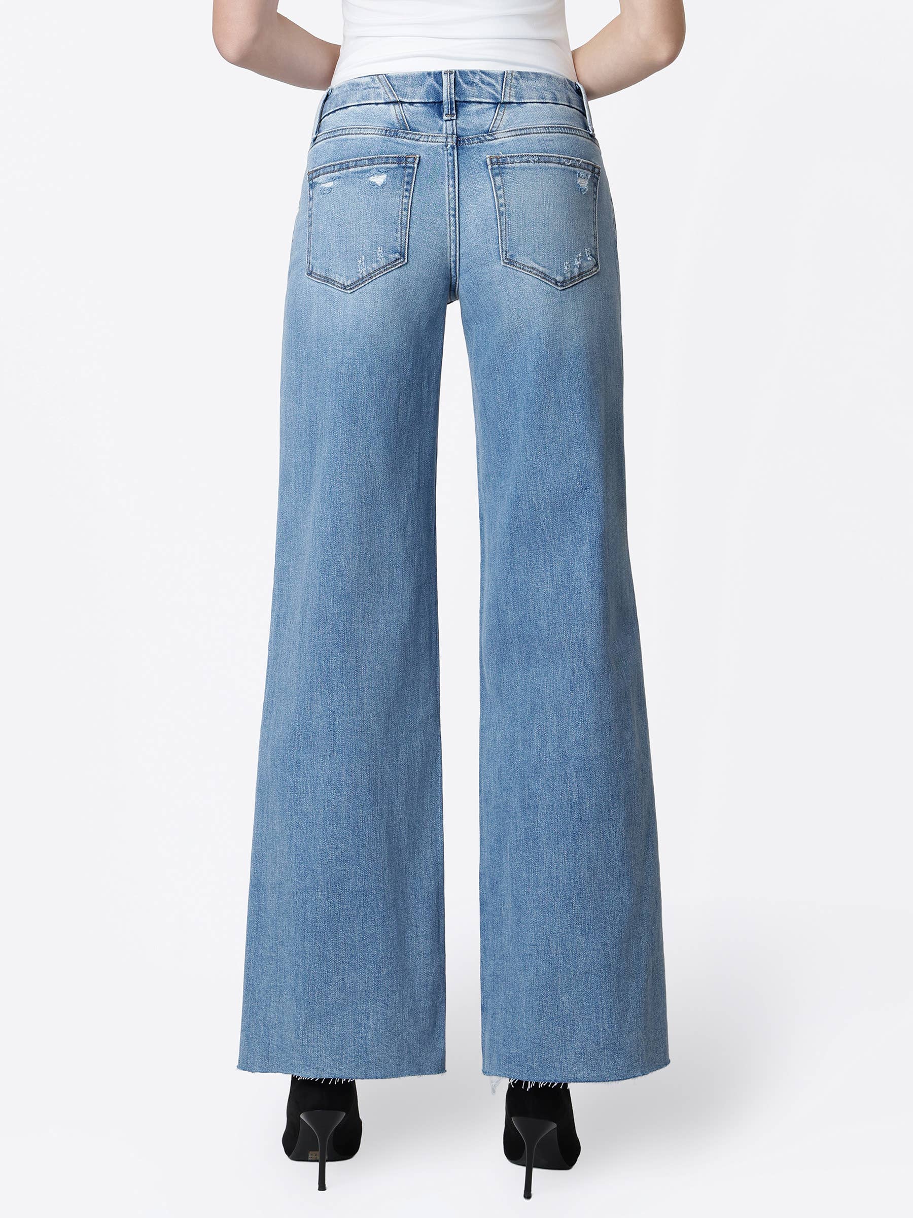 Mid Rise Clean Cut Raw Hem Wide Jeans