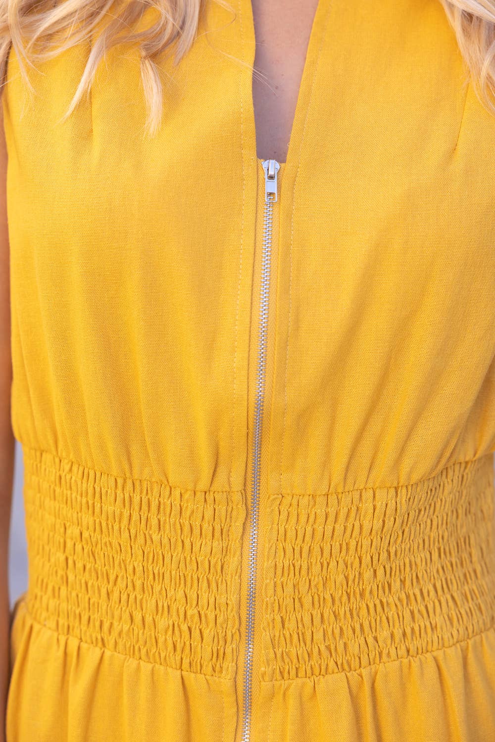 Smocked Waist Zip Up Sleeveless Mini Dress