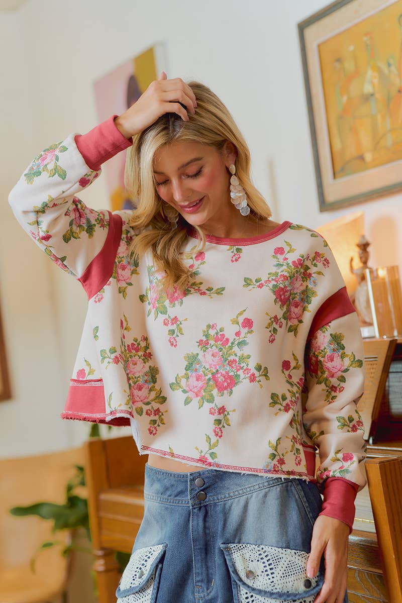 Floral Brushed Terry Open Back Long Sleeve Top