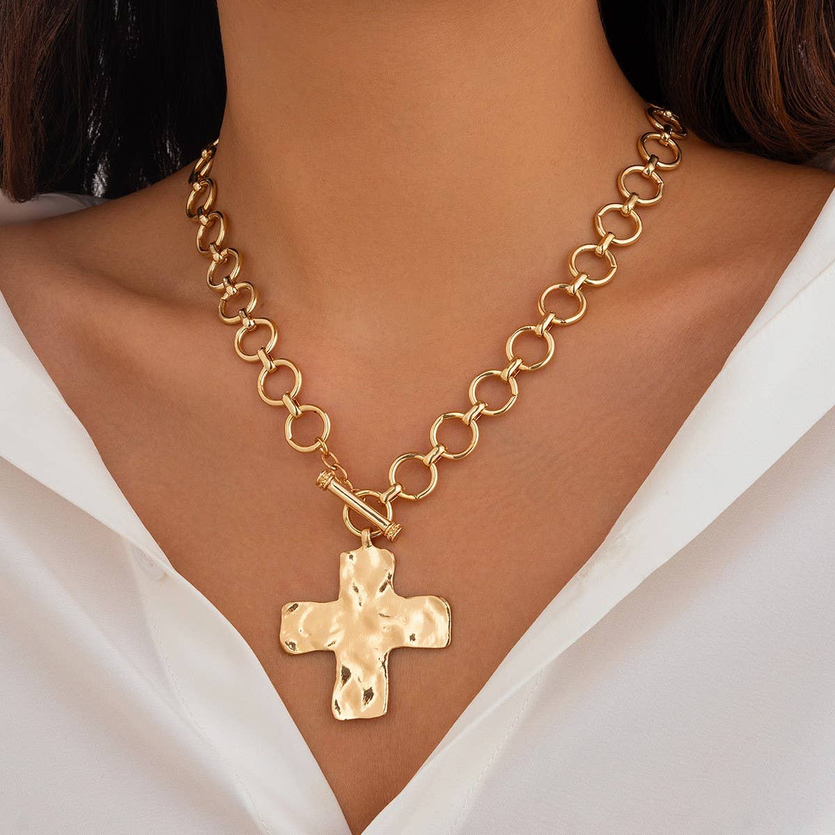 Notable Hammered Cross Front Toggle Necklace - Gold or Silver