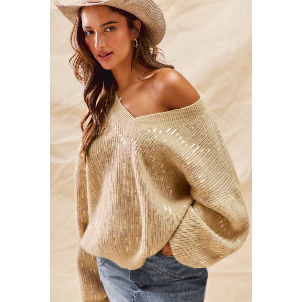 Holiday Sequins Christmas V Neck Sweater