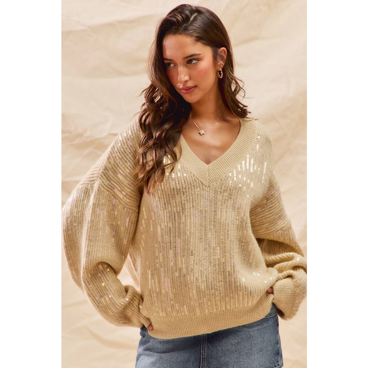 Holiday Sequins Christmas V Neck Sweater