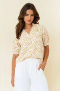 White & Black Jacquard Dot Print Short Sleeve Blouse