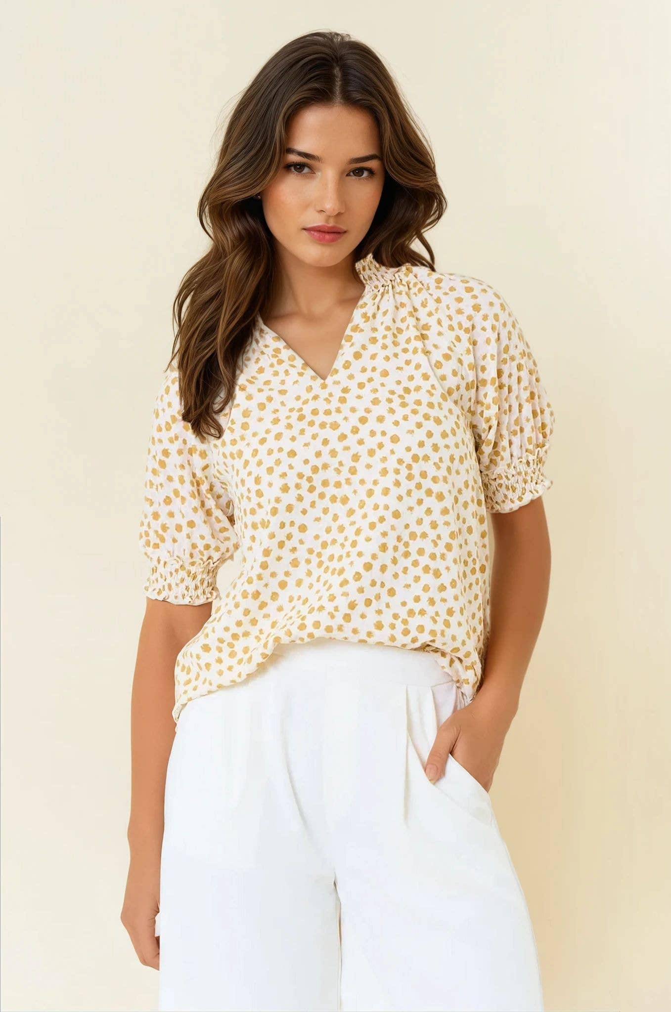 White & Black Jacquard Dot Print Short Sleeve Blouse