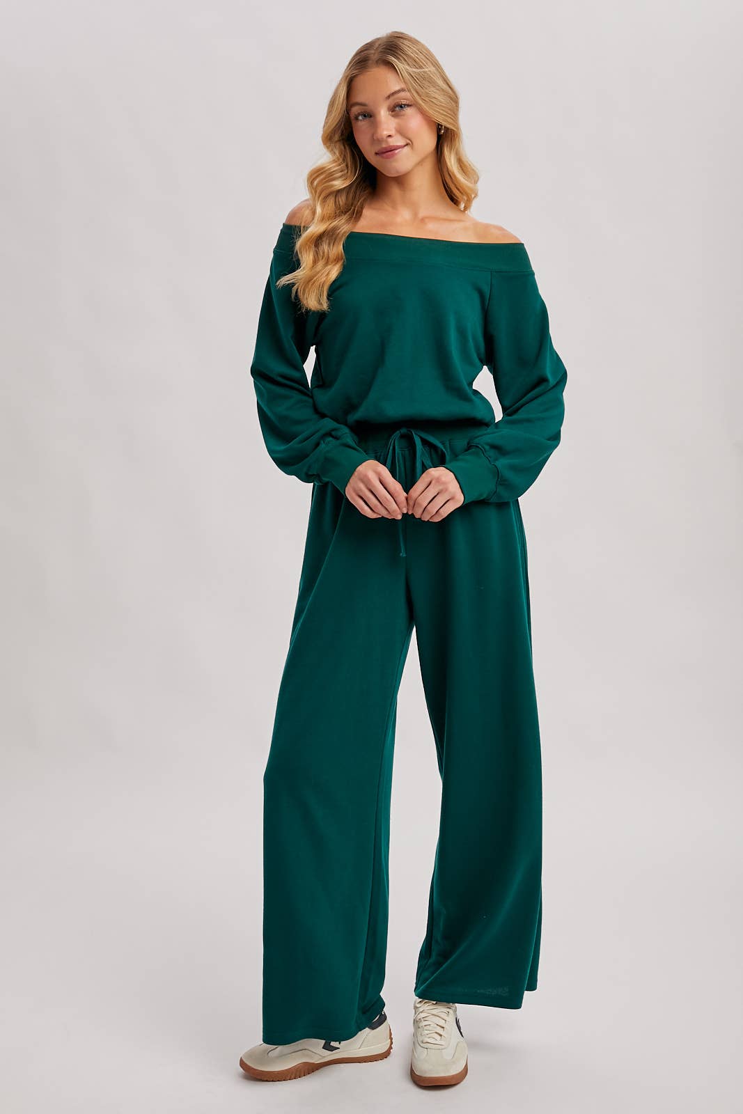 Wide Neck Knit Jumpsuit - Hunter Green