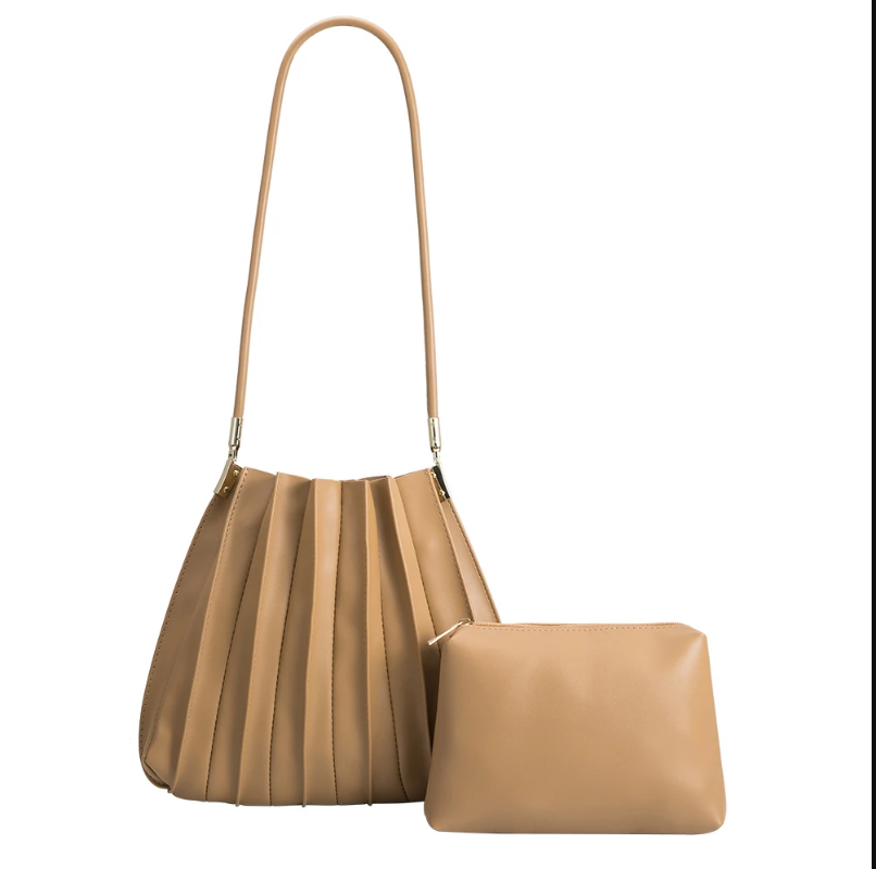 Carrie Taupe Pleated Vegan Leather Shoulder Bag