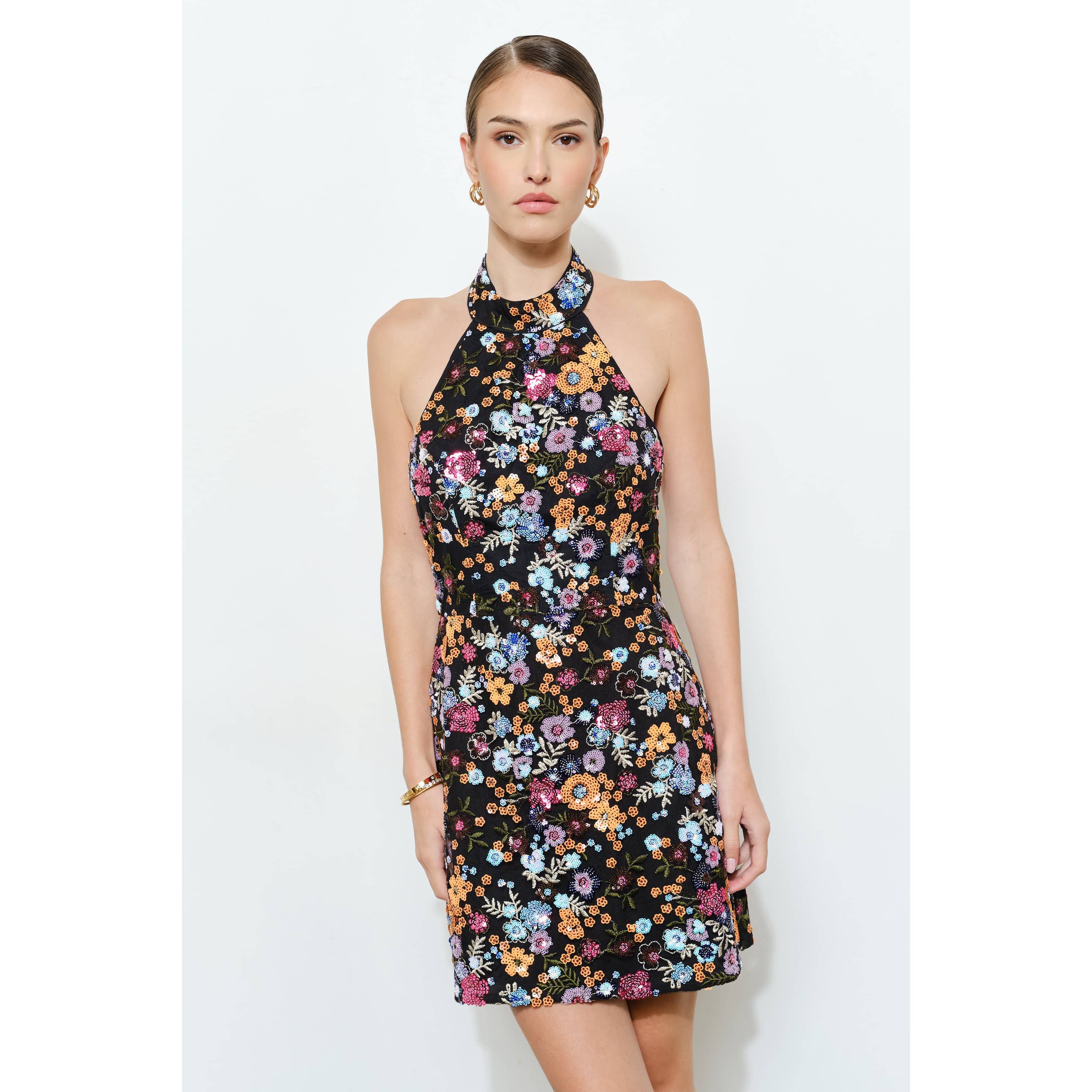 Floral Sequins Embellished Halter Neck Mini Dress