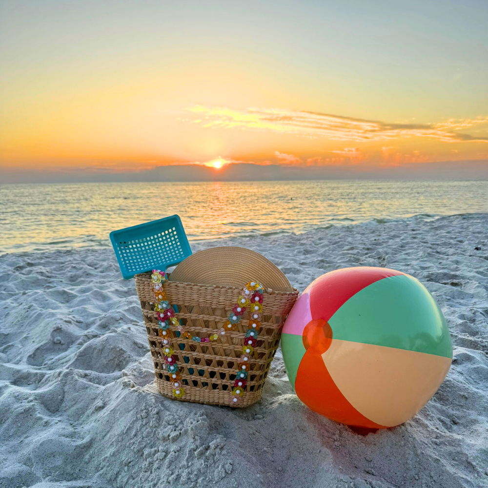 Colorful Beaded Straw Beach Basket Tote