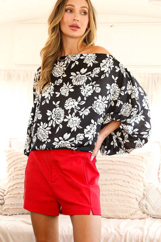 Boat Neck Dolman Sleeve Floral Satin Blouse
