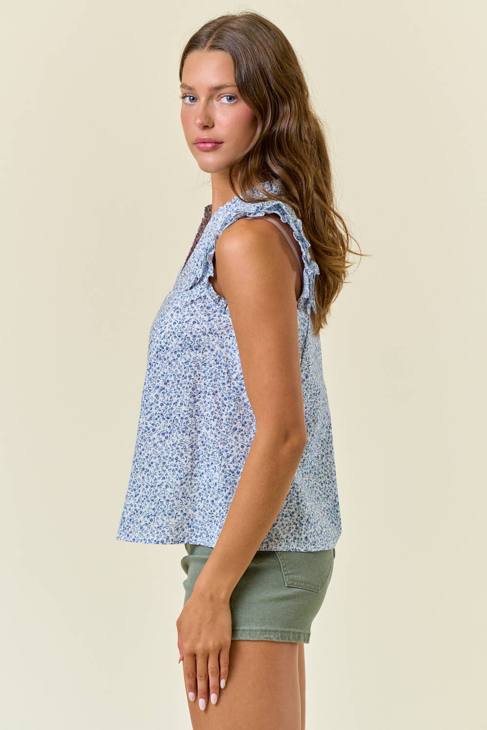 Floral Print Cotton Poplin Ruffled Cap Sleeve Top