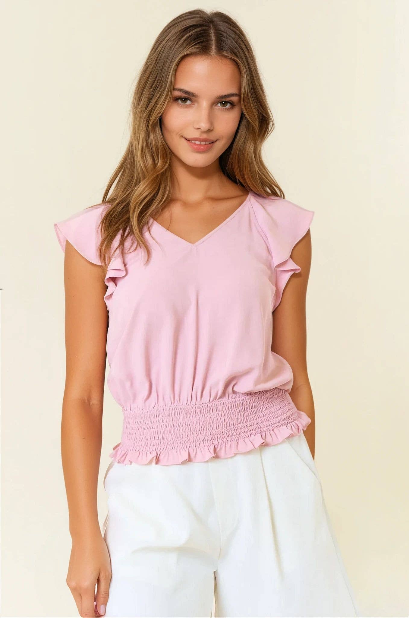 V-neck Ruffle Top With Smocking Band