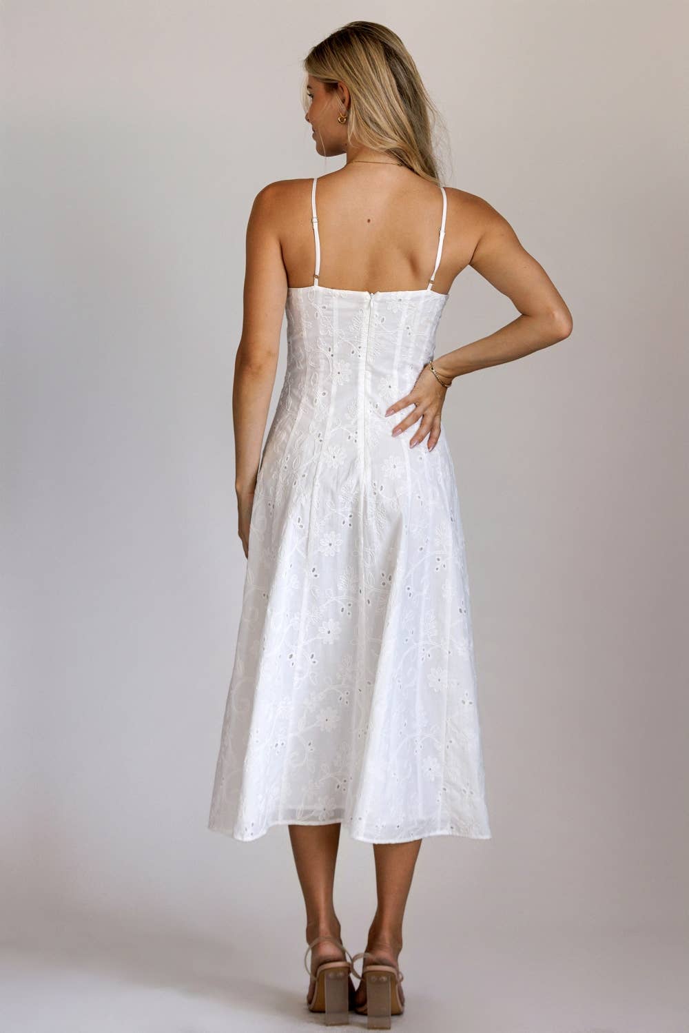 Eyelet Embroidered Button Front Midi Dress