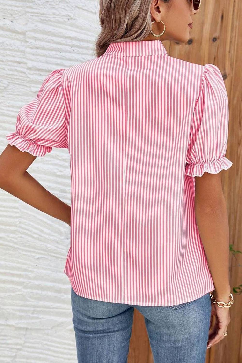 Noah | Stripe Notched Neck Frilled Short Puff Sleeve Blouse