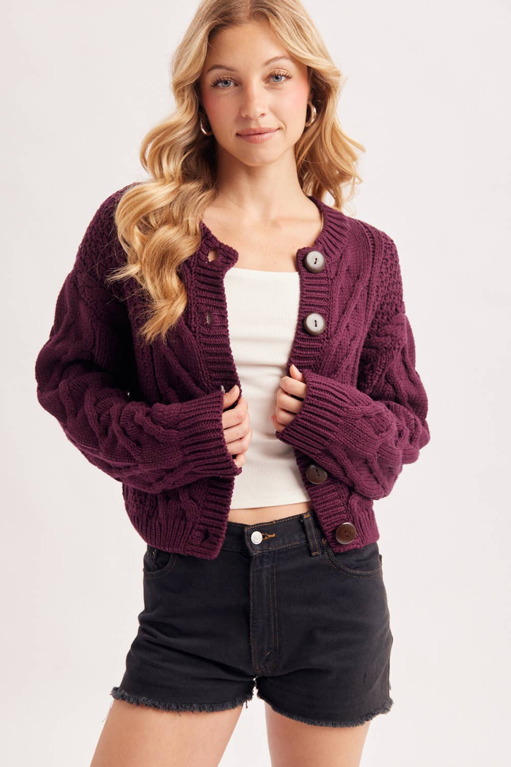 Cropped Button Front Cable Knit Cardigan