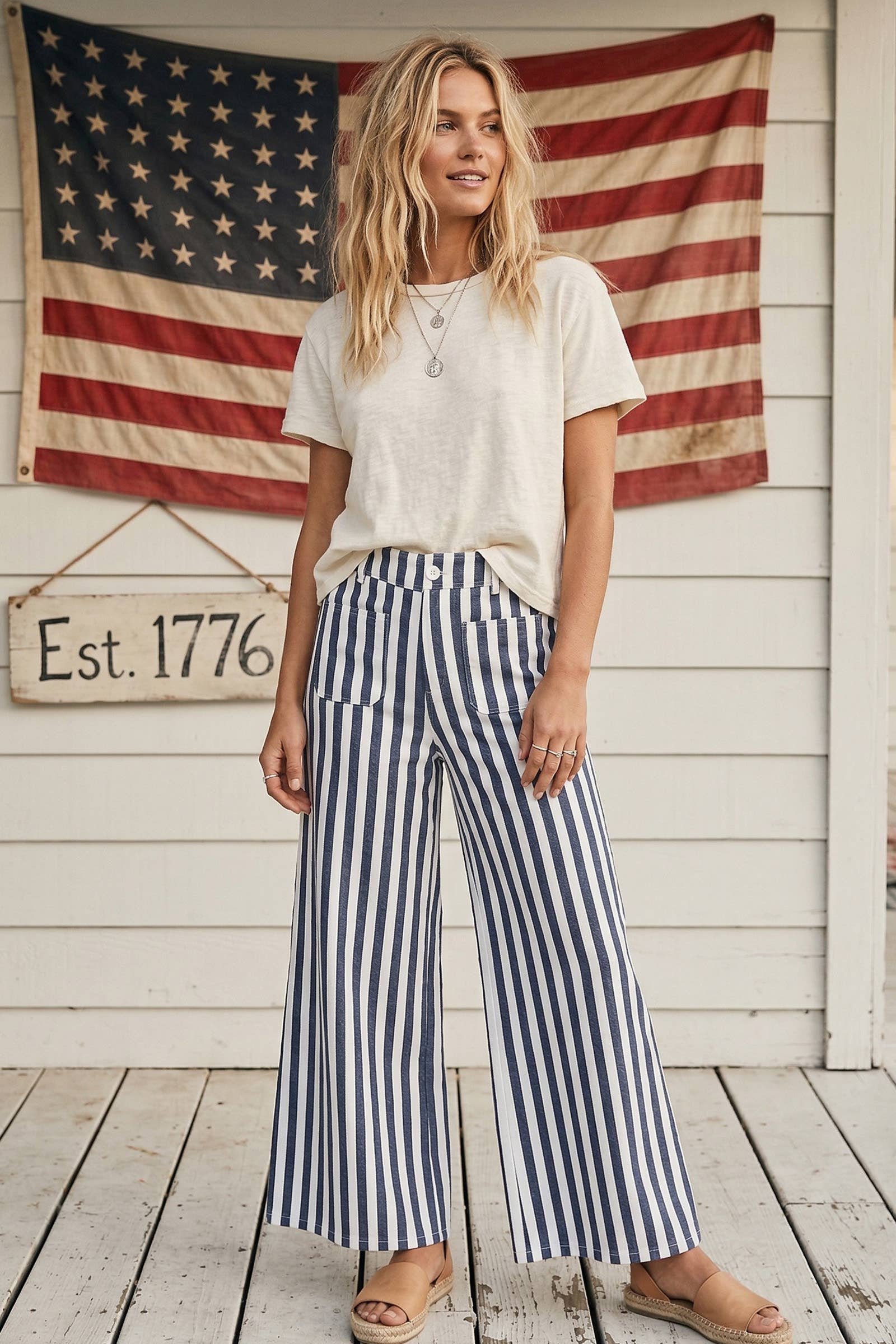Striped Non Stretch Wide Leg Denim Pants