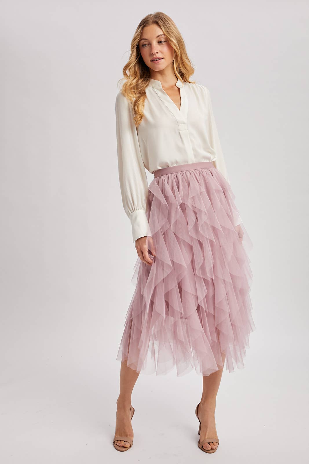 Spiral Ruffled Tulle Midi Skirt