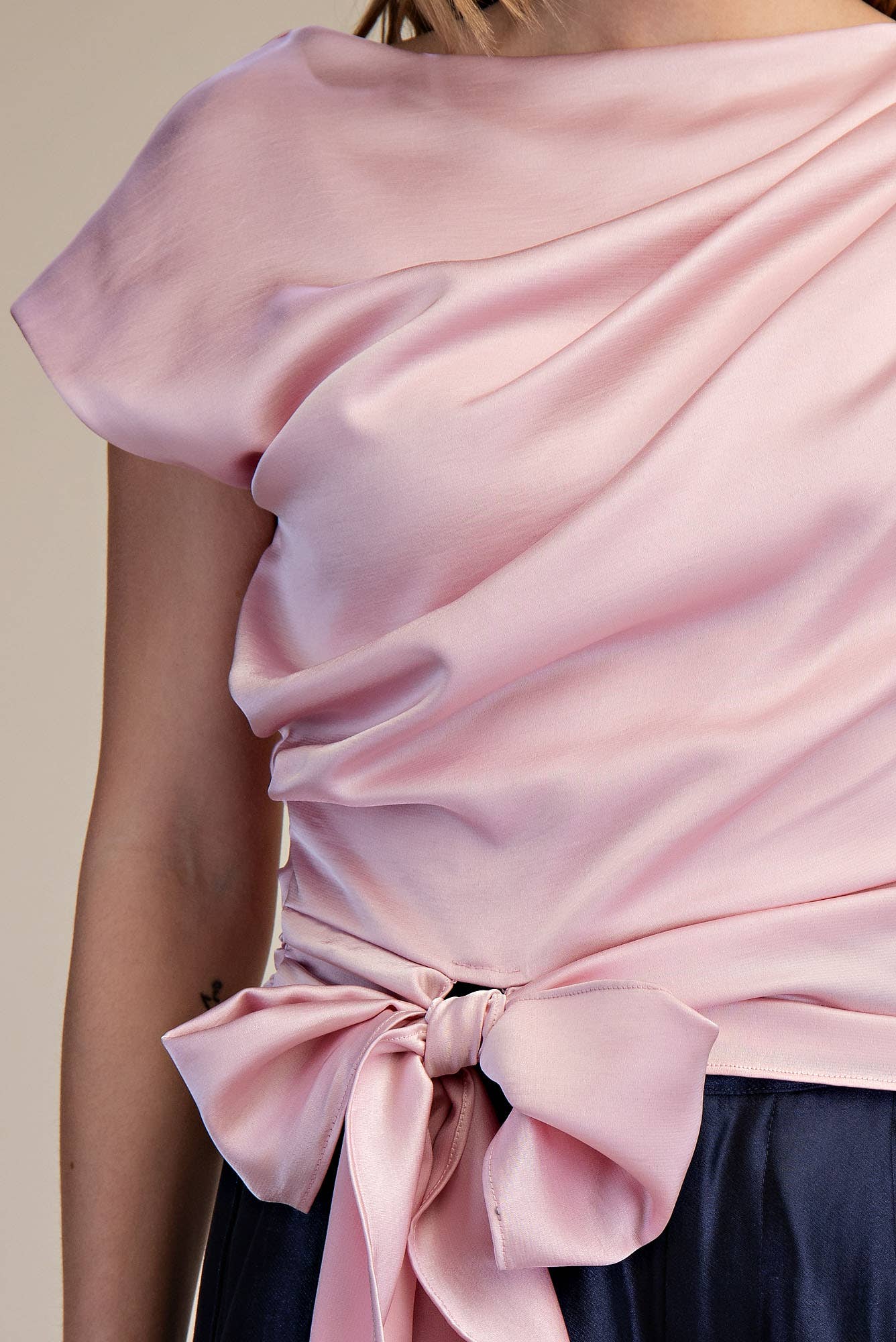 Boat Neck Waist Tie Blouse