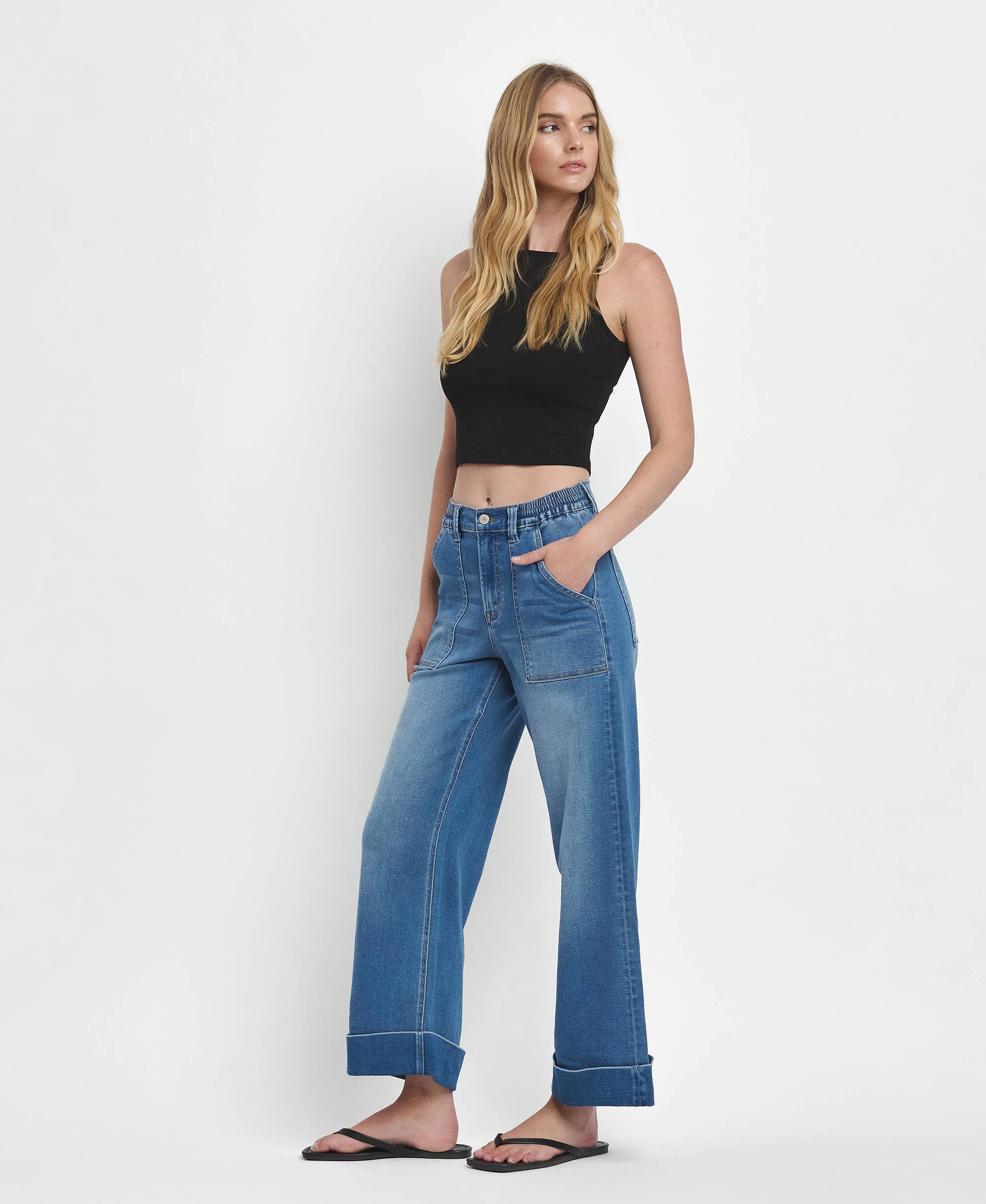 VERVET High Rise Double Cuffed Baggy Wide Cropped Jeans
